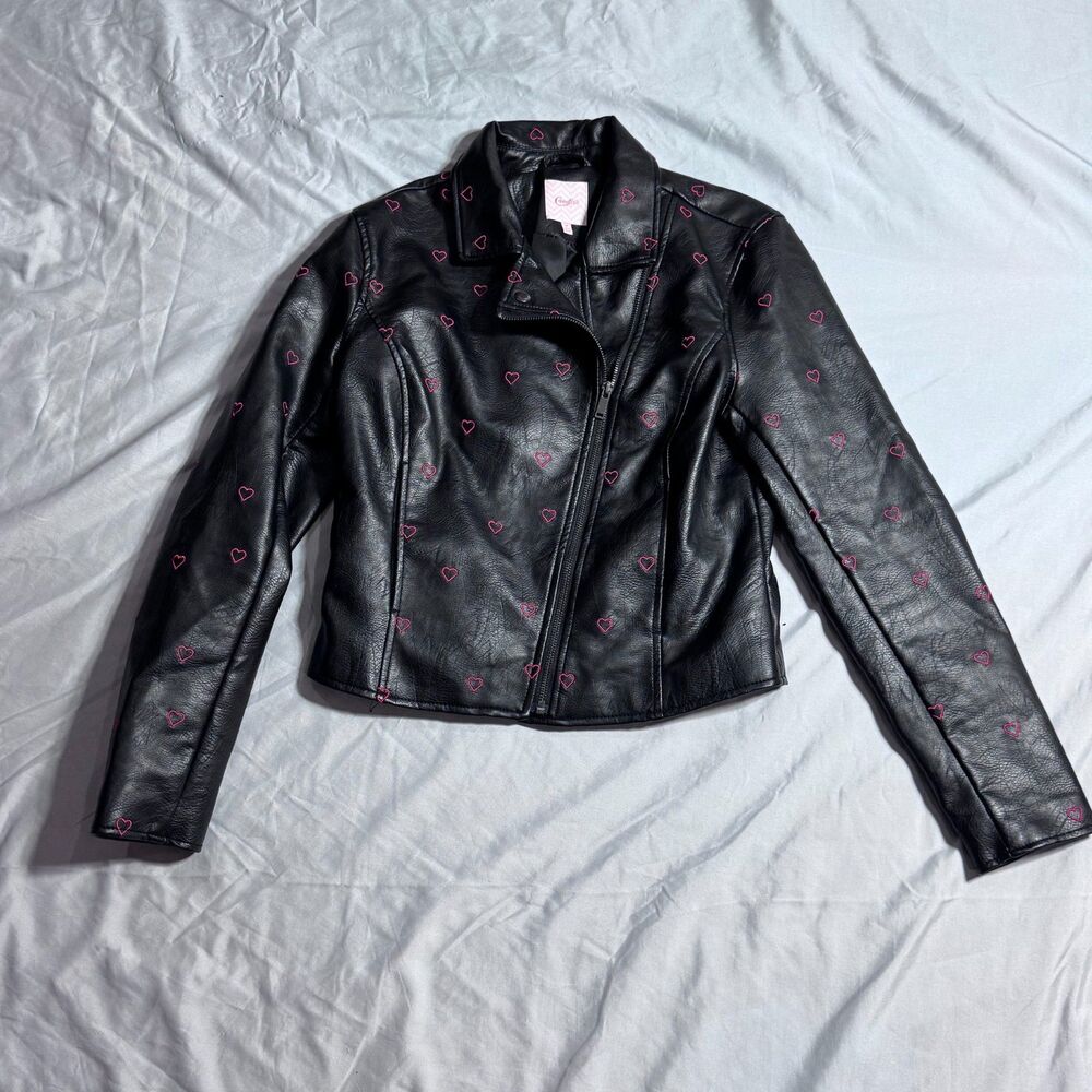 Candie's Heart Embroidered Faux Leather Moto Jacket Black Red Size M EUC
